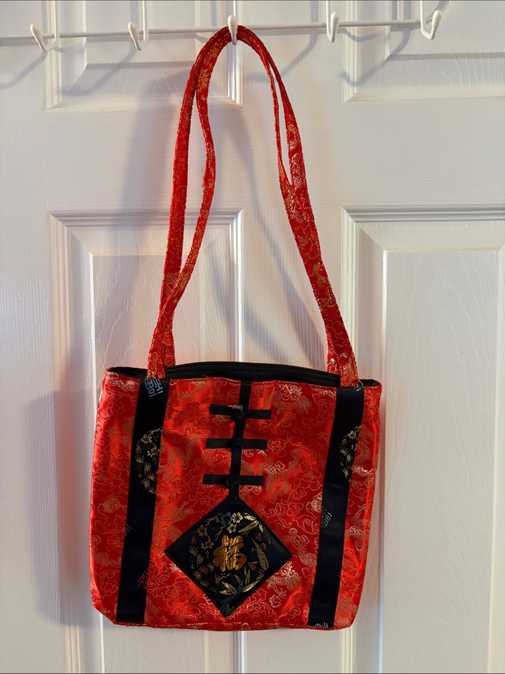 Red Brocade Shoulder Japanese Bag with Gold Embroidered Accent Dragon Design